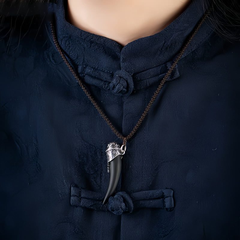 Collar con Diente de Lobo de Obsidiana Negra en Plata 925 925 Silver Black Obsidian Wolf Tooth Necklace