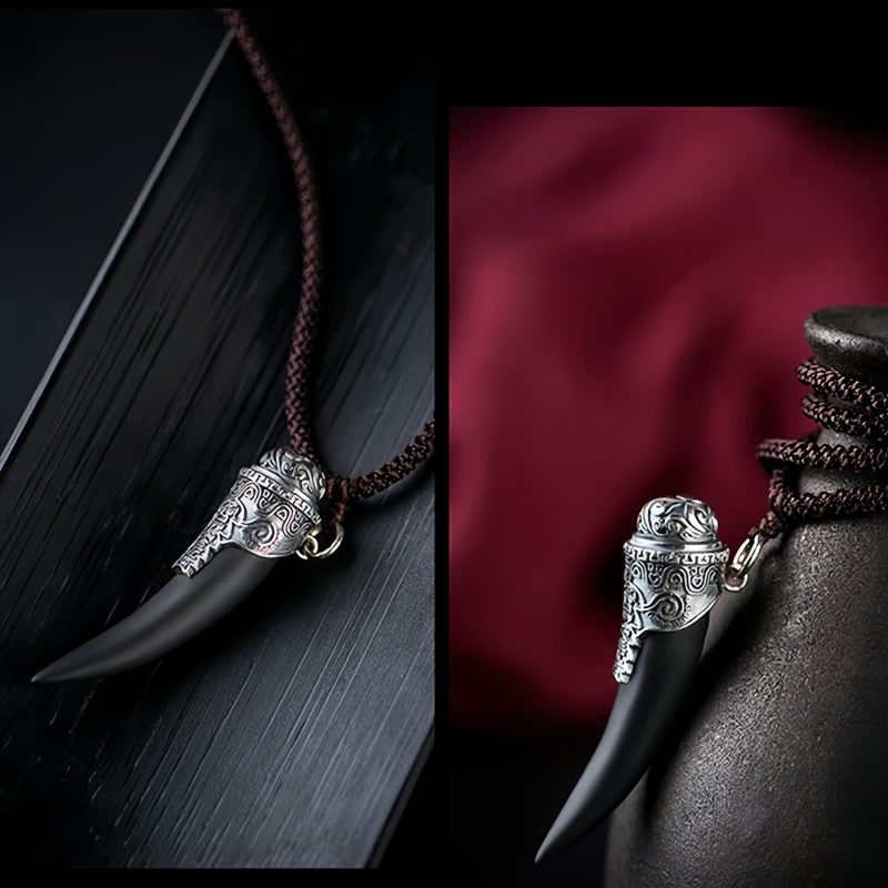 Collar con Diente de Lobo de Obsidiana Negra en Plata 925 925 Silver Black Obsidian Wolf Tooth Necklace