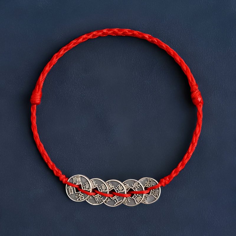 سوار يد من الفضة عيار 925 مزينًا بخمس عملات إمبراطورية للحماية 925 Silver Five Emperor Coins Protection Bracelet