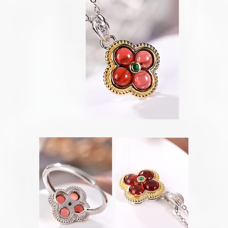 قلادة الحماية من الفضة الإسترليني 925 مع حجر الجارنيت على شكل برسيم بأربع أوراق 925 Silver Garnet Four-leaf Clover Protection Necklace