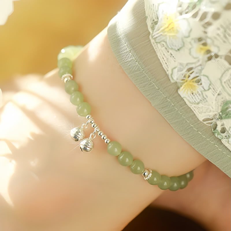 Tobillera de Jade Hetian Natural y Plata 925 para la Prosperidad 925 Silver Natural Hetian Jade Prosperity Anklet