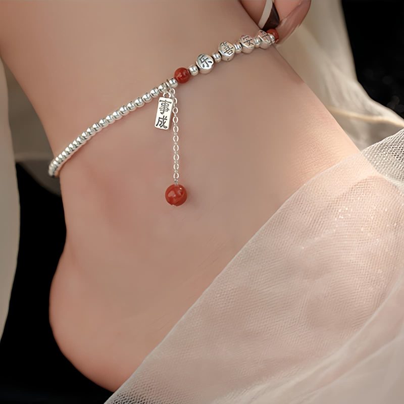 Tobillera de Plata 925 con Ágata Roja para la Paz 925 Silver Red Agate Peace Anklet