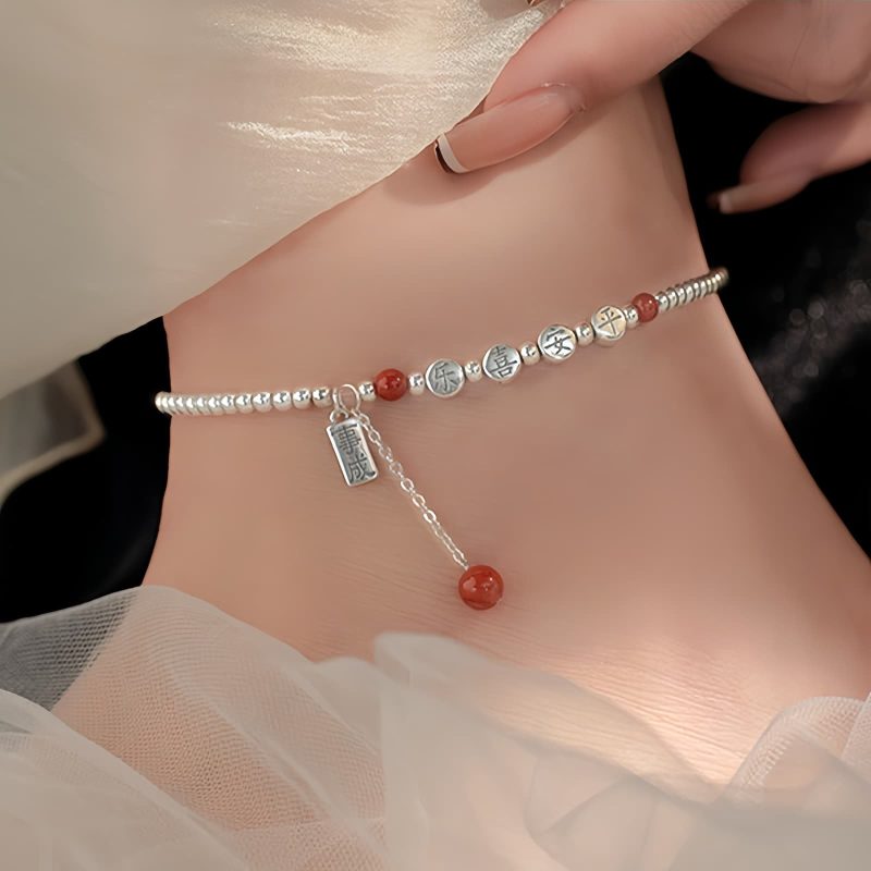 Tobillera de Plata 925 con Ágata Roja para la Paz 925 Silver Red Agate Peace Anklet