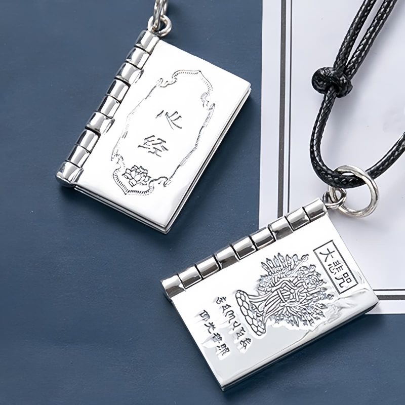 قلادة لوتس السلام من الفضة عيار 990 مع نقش سورة القلب 990 Silver Heart Sutra Lotus Peace Necklace