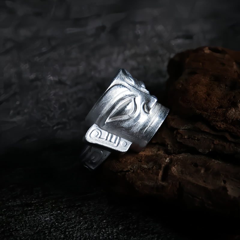 خاتم حماية قناع سانكسينغدوي من الفضة عيار 999 999 Silver Sanxingdui Mask Protection Ring
