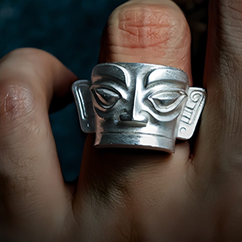 خاتم حماية قناع سانكسينغدوي من الفضة عيار 999 999 Silver Sanxingdui Mask Protection Ring