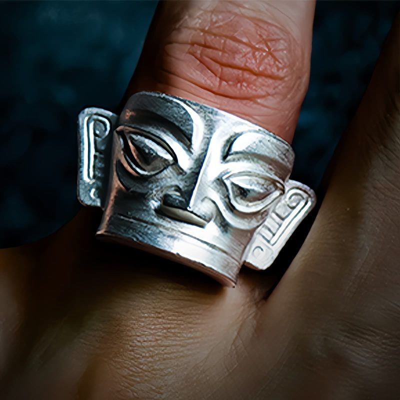 خاتم حماية قناع سانكسينغدوي من الفضة عيار 999 999 Silver Sanxingdui Mask Protection Ring