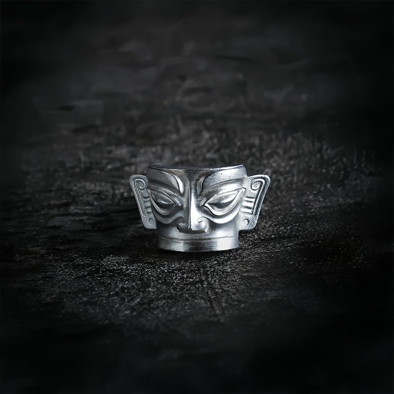 خاتم حماية قناع سانكسينغدوي من الفضة عيار 999 999 Silver Sanxingdui Mask Protection Ring