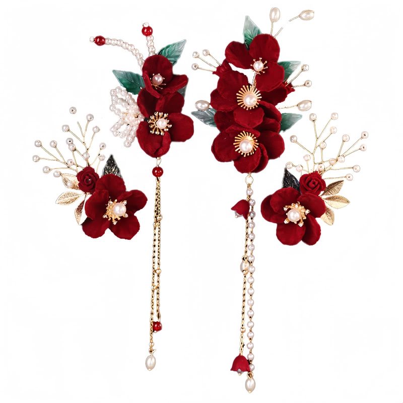 Pasador de Pelo con Flores Rojas Antiguas y Perlas Antiquity Red Flowers Pearl Hair Clip