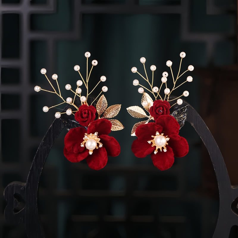 Pasador de Pelo con Flores Rojas Antiguas y Perlas Antiquity Red Flowers Pearl Hair Clip
