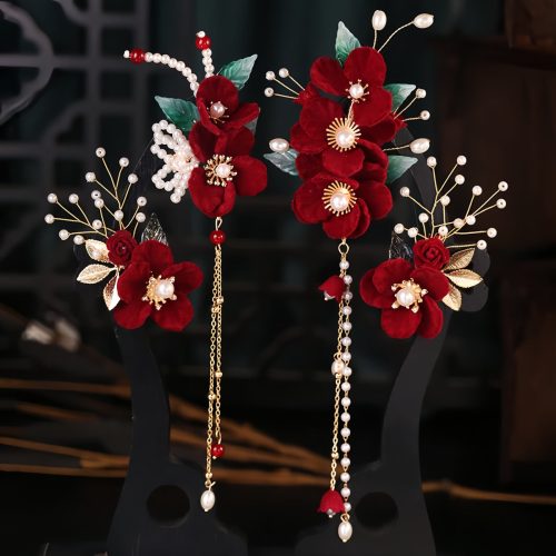 Pasador de Pelo con Flores Rojas Antiguas y Perlas Pasador de Pelo con Flores Rojas Antiguas y Perlas