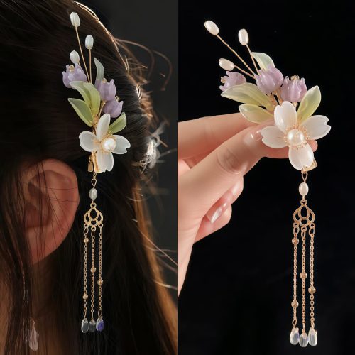 Pasador de Pelo con Flores Chinas, Perlas y Conejo Pasador de Pelo con Flores Chinas, Perlas y Conejo