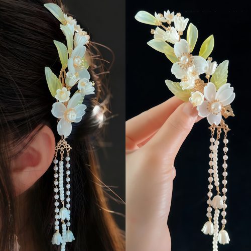 Pasador de Pelo con Flores Chinas, Perlas y Conejo Pasador de Pelo con Flores Chinas, Perlas y Conejo