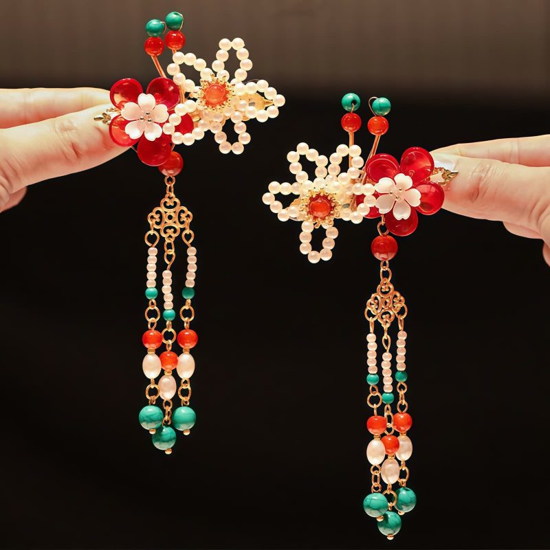 Pasador de Pelo con Flores Chinas, Perlas y Conejo Chinese Flower Pearl Rabbit Hair Clip