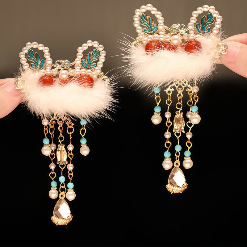 Pasador de Pelo con Flores Chinas, Perlas y Conejo Chinese Flower Pearl Rabbit Hair Clip