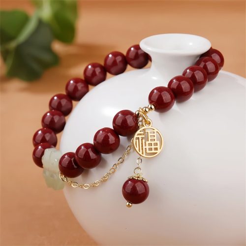 Pulsera de Trébol de la Suerte con Cinabrio y Jade de Hetian Pulsera de Trébol de la Suerte con Cinabrio y Jade de Hetian
