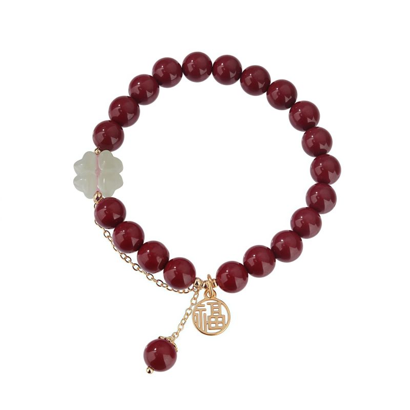 Pulsera de Trébol de la Suerte con Cinabrio y Jade de Hetian Cinnabar & Hetian Jade Lucky Clover Bracelet