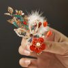 دبوس شعر فراشة زهرة حمراء صيني كلاسيكي Classical Chinese Red Flower Butterfly Hair Clip
