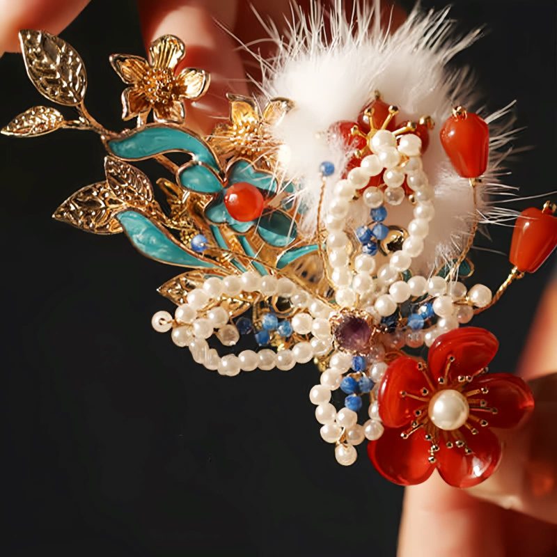دبوس شعر فراشة زهرة حمراء صيني كلاسيكي Classical Chinese Red Flower Butterfly Hair Clip