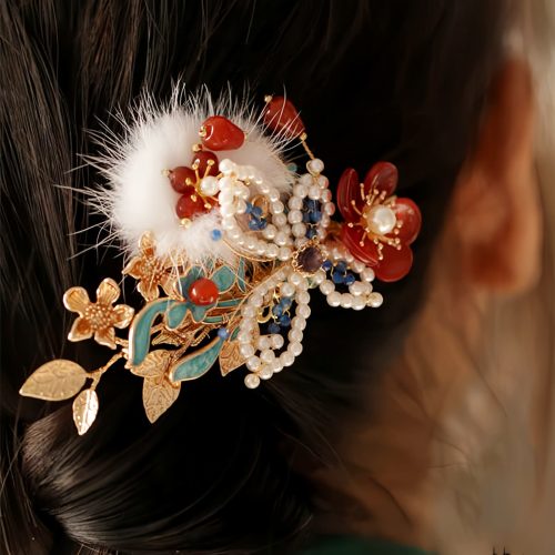 Broche de Pelo de Mariposa con Flor Roja y Perla al Estilo Clásico Chino Broche de Pelo de Mariposa con Flor Roja y Perla al Estilo Clásico Chino