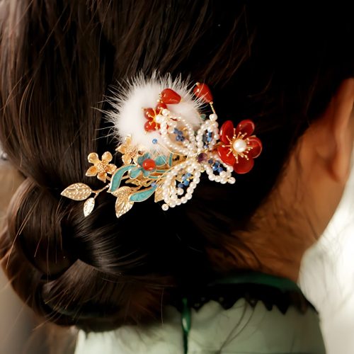 Broche de Pelo de Mariposa con Flor Roja y Perla al Estilo Clásico Chino Broche de Pelo de Mariposa con Flor Roja y Perla al Estilo Clásico Chino