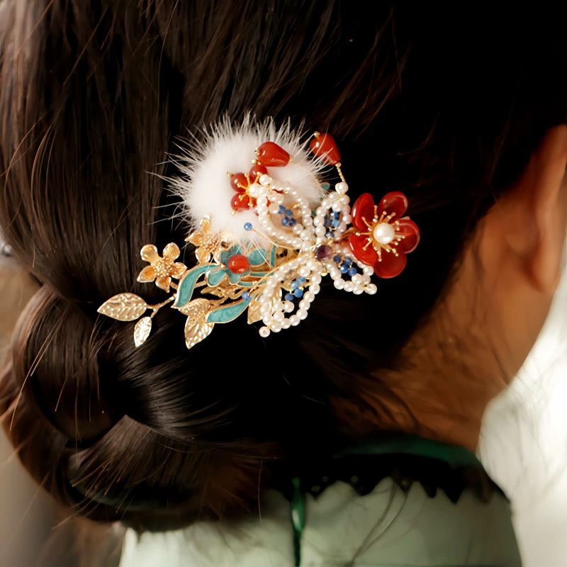 دبوس شعر فراشة زهرة حمراء صيني كلاسيكي Classical Chinese Red Flower Butterfly Hair Clip