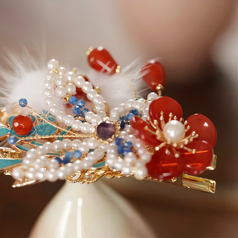 دبوس شعر فراشة زهرة حمراء صيني كلاسيكي Classical Chinese Red Flower Butterfly Hair Clip