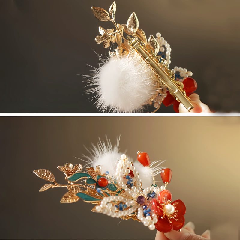 دبوس شعر فراشة زهرة حمراء صيني كلاسيكي Classical Chinese Red Flower Butterfly Hair Clip