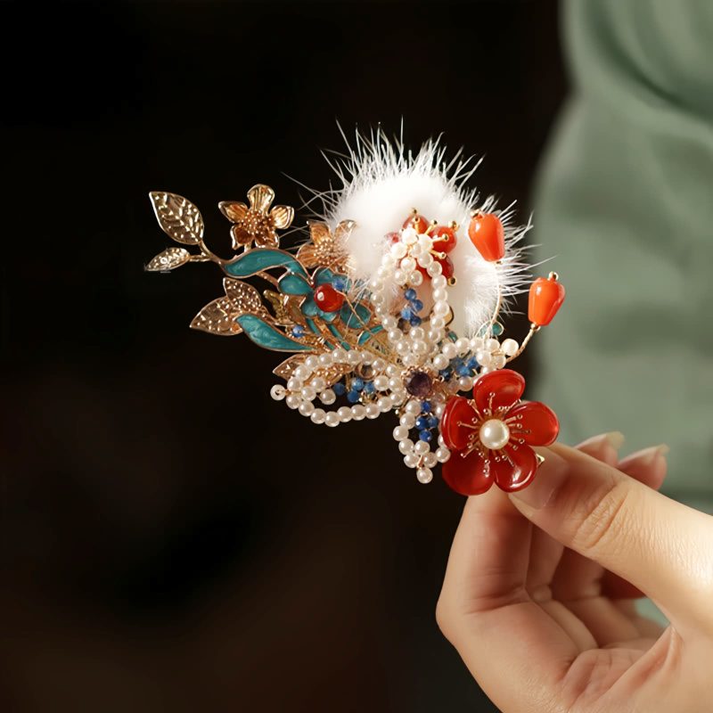 دبوس شعر فراشة زهرة حمراء صيني كلاسيكي Classical Chinese Red Flower Butterfly Hair Clip