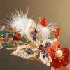 دبوس شعر فراشة زهرة حمراء صيني كلاسيكي Classical Chinese Red Flower Butterfly Hair Clip