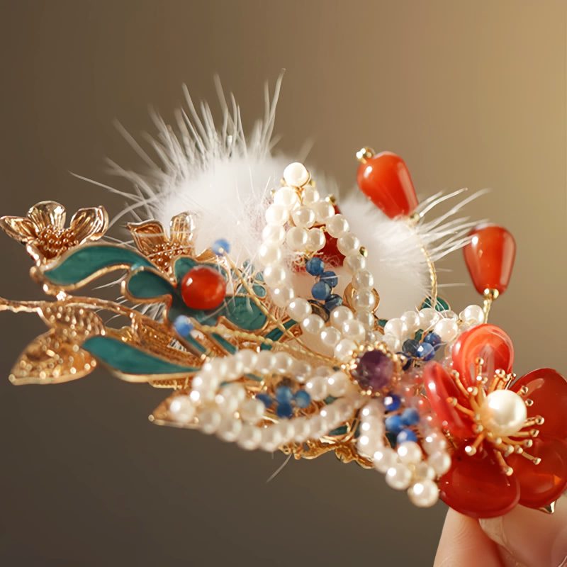 دبوس شعر فراشة زهرة حمراء صيني كلاسيكي Classical Chinese Red Flower Butterfly Hair Clip