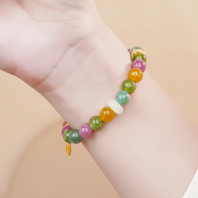 Pulsera con dije de carácter Fu y turmalina multicolor Colorful Tourmaline Fu Character Charm Bracelet