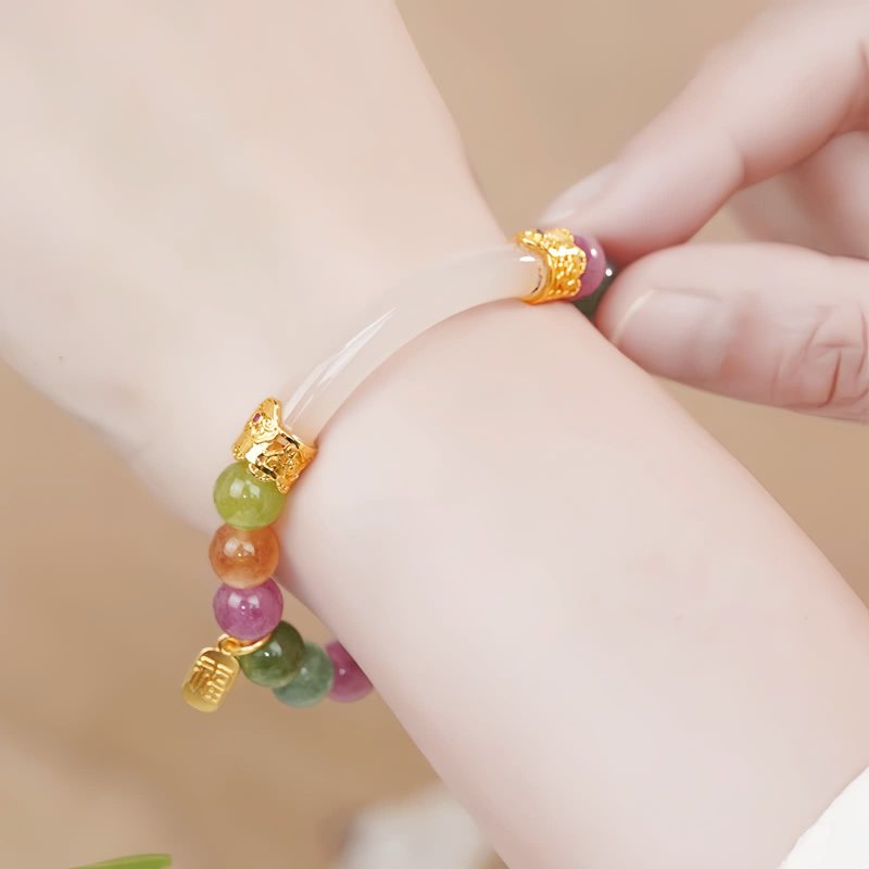 Pulsera con dije de carácter Fu y turmalina multicolor Colorful Tourmaline Fu Character Charm Bracelet
