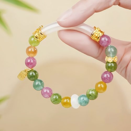 Pulsera con dije de carácter Fu y turmalina multicolor Pulsera con dije de carácter Fu y turmalina multicolor