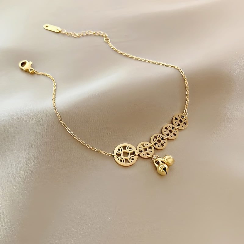 Tornozeleira Tradicional com Moedas de Cobre e Sino Traditional Copper Coins Bell Charm Anklet
