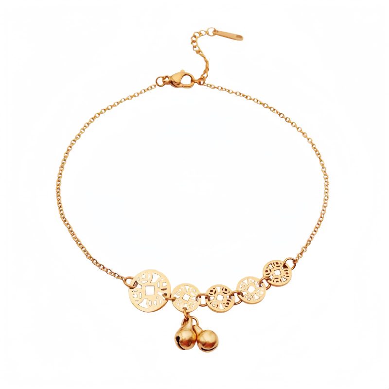 Tornozeleira Tradicional com Moedas de Cobre e Sino Traditional Copper Coins Bell Charm Anklet