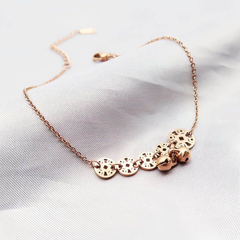 Tornozeleira Tradicional com Moedas de Cobre e Sino Traditional Copper Coins Bell Charm Anklet