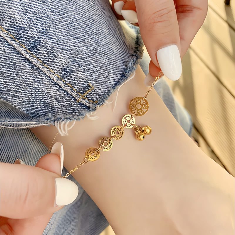 Tornozeleira Tradicional com Moedas de Cobre e Sino Traditional Copper Coins Bell Charm Anklet