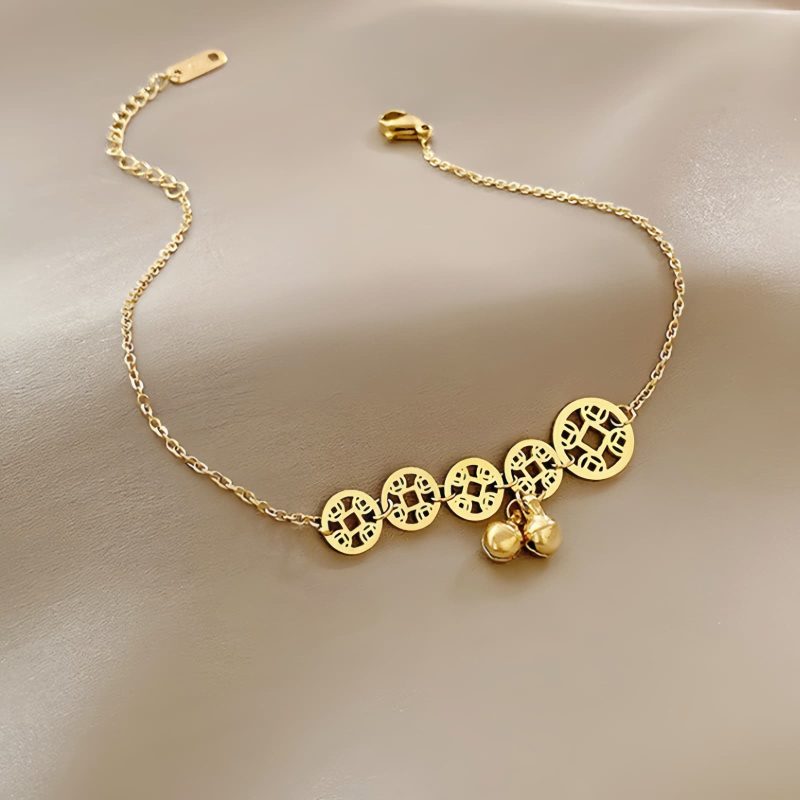 Tornozeleira Tradicional com Moedas de Cobre e Sino Traditional Copper Coins Bell Charm Anklet