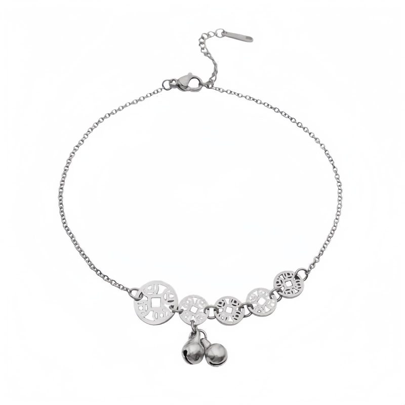 Tornozeleira Tradicional com Moedas de Cobre e Sino Traditional Copper Coins Bell Charm Anklet