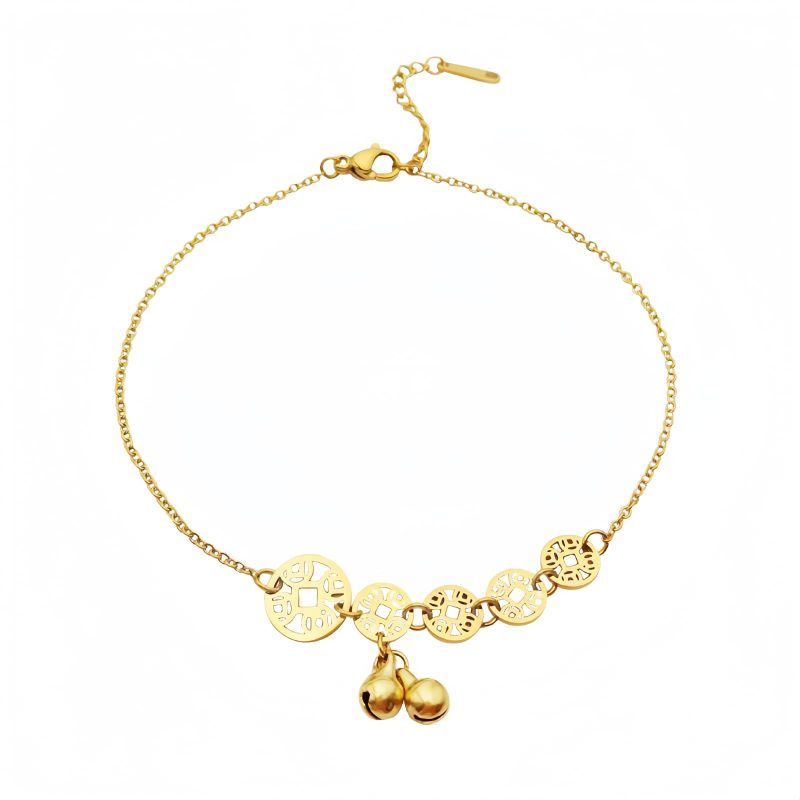 Tornozeleira Tradicional com Moedas de Cobre e Sino Traditional Copper Coins Bell Charm Anklet