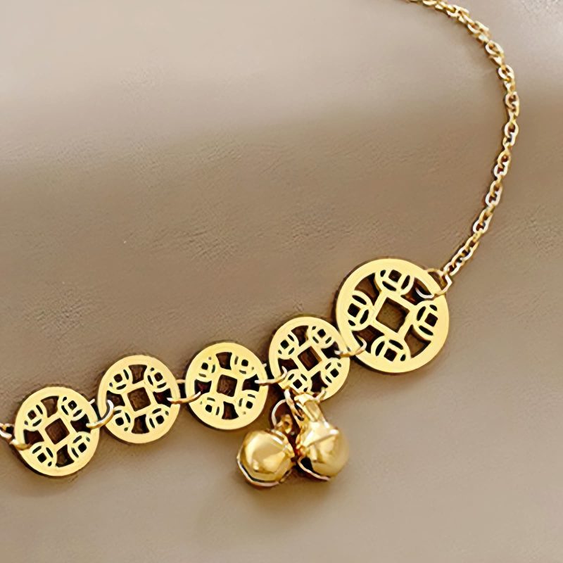Tornozeleira Tradicional com Moedas de Cobre e Sino Traditional Copper Coins Bell Charm Anklet