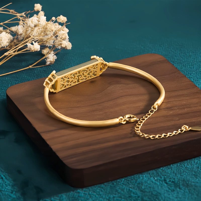 和田玉24K金メッキ幸運ブレスレット Hetian Jade 24K Gold Plated Luck Bracelet