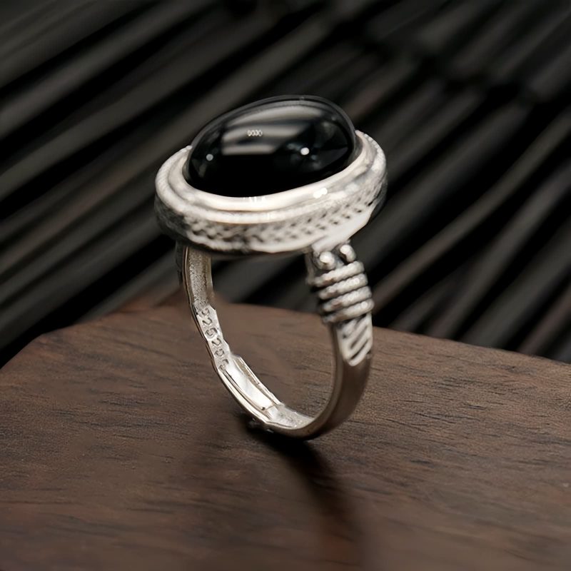 Cincin Perlindungan yang Dapat Disesuaikan dari Batu Onyx Hitam Alami Natural Black Onyx Adjustable Protection Ring