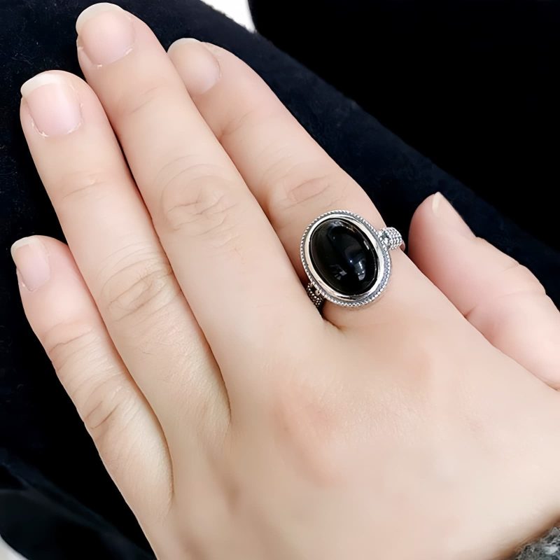 Cincin Perlindungan yang Dapat Disesuaikan dari Batu Onyx Hitam Alami Natural Black Onyx Adjustable Protection Ring