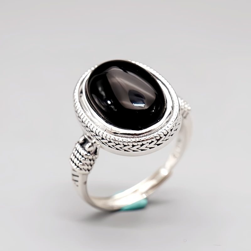 Cincin Perlindungan yang Dapat Disesuaikan dari Batu Onyx Hitam Alami Natural Black Onyx Adjustable Protection Ring