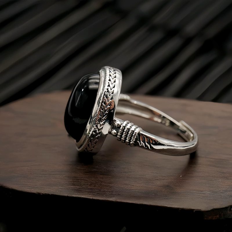 Cincin Perlindungan yang Dapat Disesuaikan dari Batu Onyx Hitam Alami Natural Black Onyx Adjustable Protection Ring