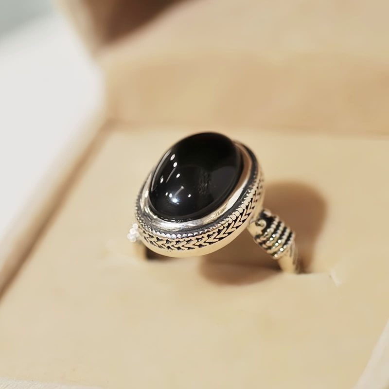 Cincin Perlindungan yang Dapat Disesuaikan dari Batu Onyx Hitam Alami Natural Black Onyx Adjustable Protection Ring