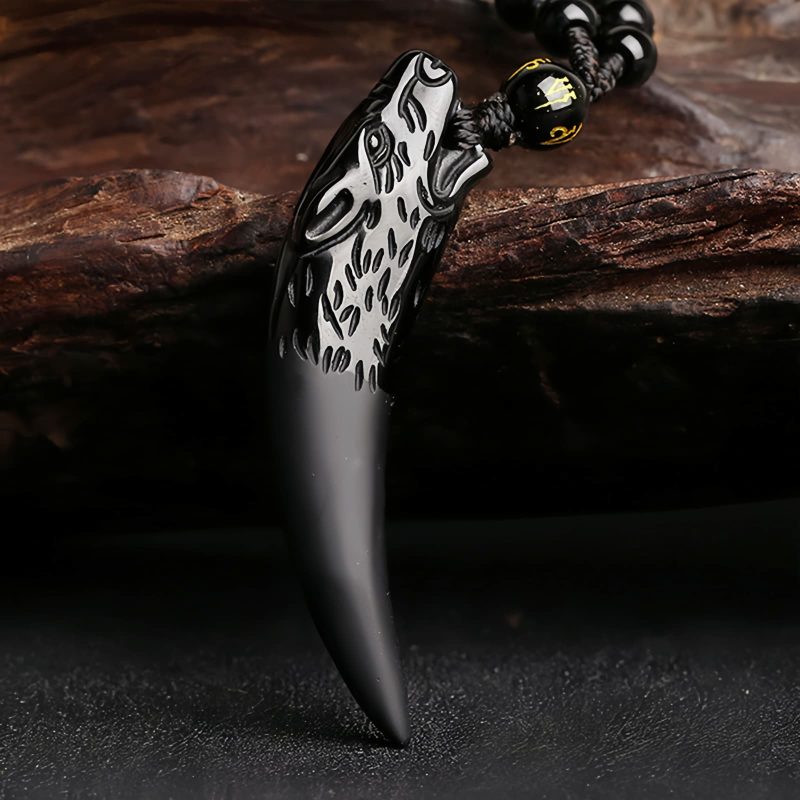 Collar con Diente de Lobo de Obsidiana Negra Natural: Amuleto de Valentía Natural Ice Obsidian Wolf Tooth Courage Pendant
