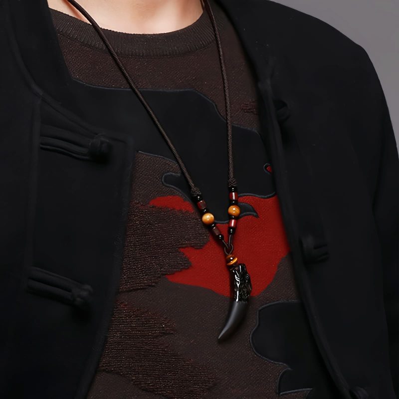 Collar con Diente de Lobo de Obsidiana Negra Natural: Amuleto de Valentía Natural Ice Obsidian Wolf Tooth Courage Pendant